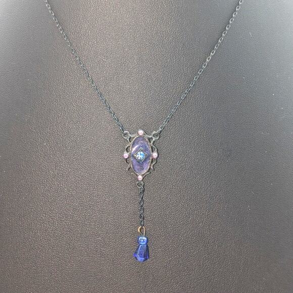 Antiqued Purple Enamel Crystal Y Drop Blackened Chain 15.5" Necklace - Picture 1 of 6